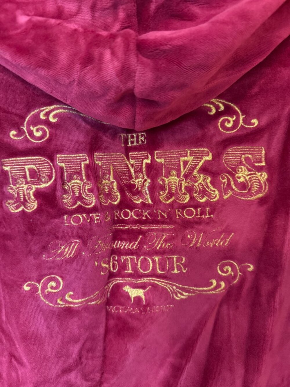 Y2K PINK Victoria’s Secret Velour Zip Hoodie Red Gold Graphic Back Size L - Picture 4 of 5